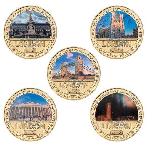 London Top Landmarks 5 Gold Plated Coins Box Set - Big Ben London Bridge & More - Picture 2 of 4