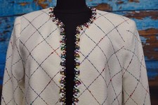 Neiman Marcus Sz 4 Open Front Blazer Off White Boucle Flower Trim Jacket Colorfu