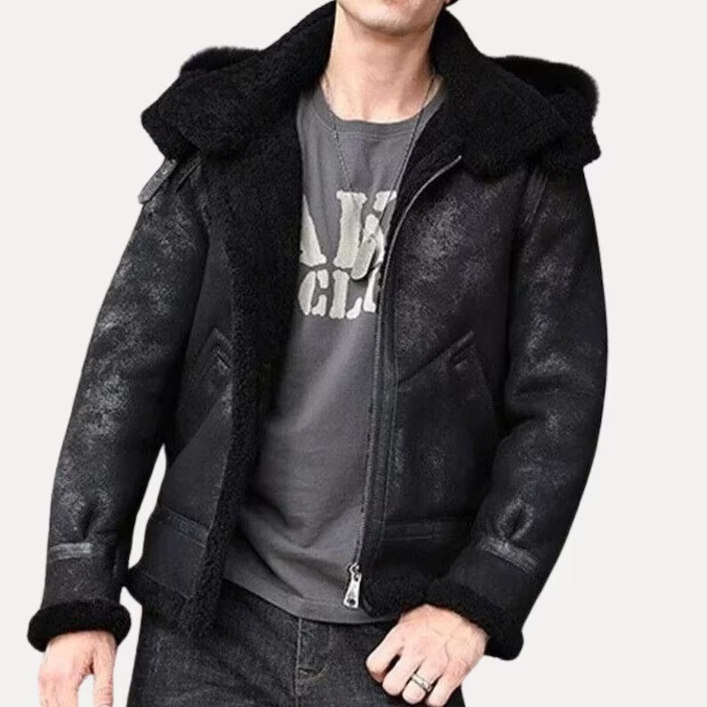 Chaqueta de bombardero de piel de oveja RAF para hombre capucha extraíble abrigo de cuero real de piel de oveja