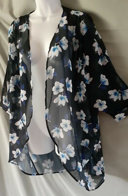 Holipick Black Blue White Robe Floral Sheer Short 1/2 Sleeve 1X 50'' BUST