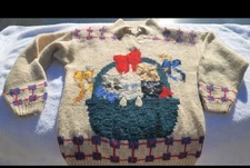 Vintage Eagles Eye Sweater Cat Hand Knit Rare Small Wool Button Collared Bow Y2k