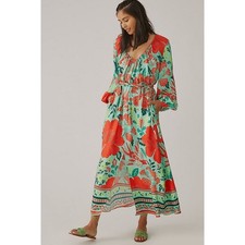 Farm Rio Anthropologie Poppy Print Maxi Dress Green Red Tropical Floral Sz XS