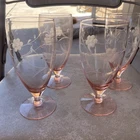 Set of 4 Vtg Pink Etched Depression Glass Goblets - Floral & Stems Leaves