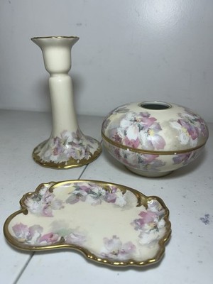 Antique T&V Tressemanes & Vogt Limoges France Floral Gold Vanity Set 3 Pc Rare