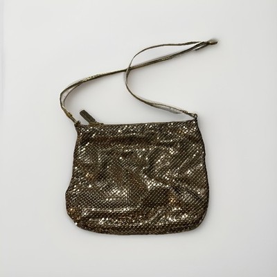 WHITING & DAVIS Purse Gold Mesh Evening Bag Zipper Long Strap Vintage Small