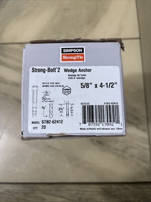 #ad Simpson STB2 62412 Strong Bolt 2 — 5 8 in. x 4 1 2 in. Wedge Anchor 20 Qty $40.00