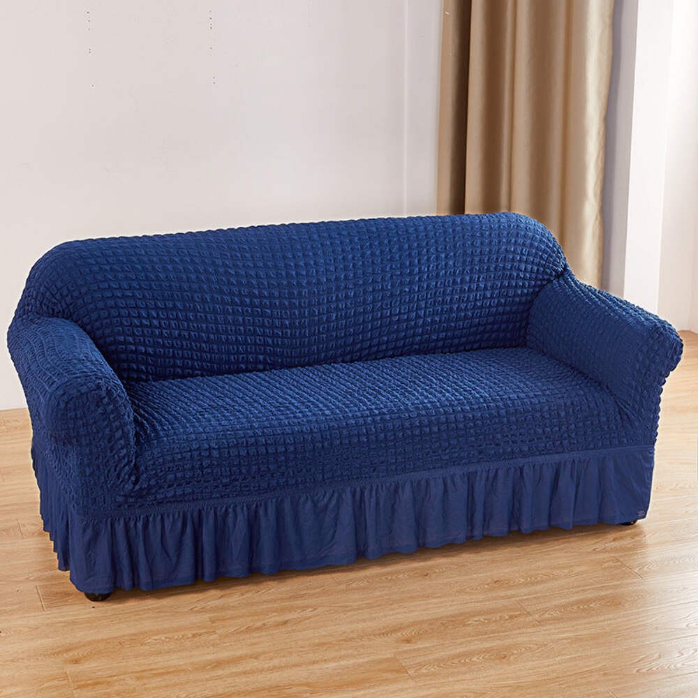 Navy Blue 3-Seater Bubble Gauze Sofa Cover with Skirt Full Elastic