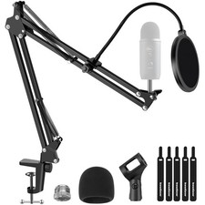 Heavy Duty Scissor Arm Microphone Stand Bundle with Windscreen  Pop Filter
