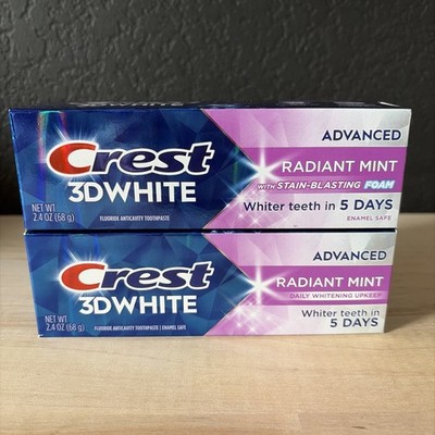 2 Pack Crest 3D White Advanced Radiant Mint Toothpaste 2.4 oz Each Exp. 9/28