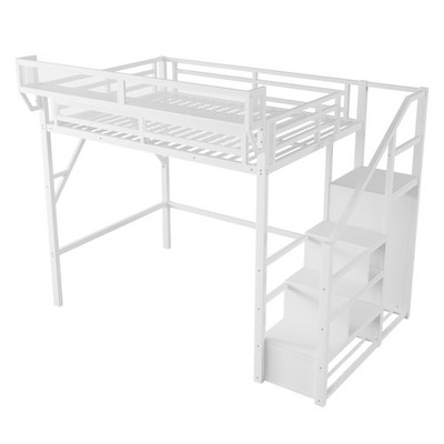 Full Size Metal Loft Bed Frame W/ Staircase Storage Shelves Wardrobe Slats White