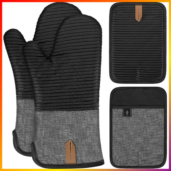 Topflappen Set Ofenhandschuhe Extra Lang Silikon Rutschfest Schwarz 4 StüCk-image