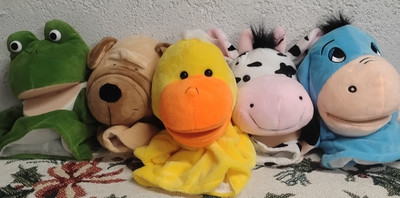 Lot of 5 Better Line hand puppets Duck Bulldog Frog Cow Donkey(eeyore) VGC