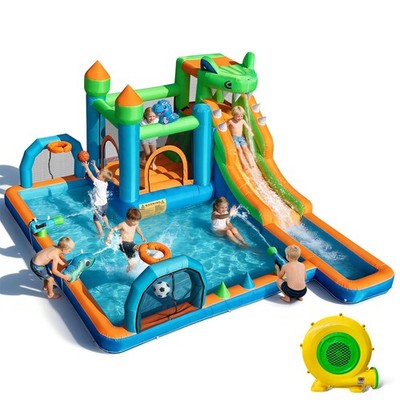 9-in-1 Inflatable Water Slide for Kids - Dinosaur Bounce House Water Park wit...