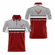 Custom Name Men's Corvette C8 Racing Gray Red White Logo 3D Zip Polo Shirt S-5XL