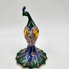 Peacock Metal Hinged Trinket Box Jeweled Enameled 4" Tall Figurine