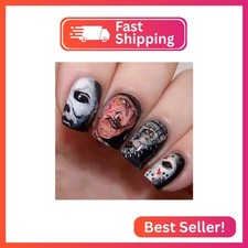 Halloween Press on Nails Black Glossy Fake Nails Full Cover Halloween Scary Movi