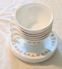 Corelle by Corning Butterfly Gold Coffee Hook Handle Cups and Saucers Set of 6 