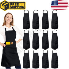 12 Pack Unisex Bib Aprons with 2 Pockets Kitchen Restaurant Cooking