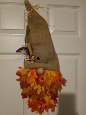 Hand-made Fall Gnome Hanging Made w/ Burlap Hat And Fall Leaves