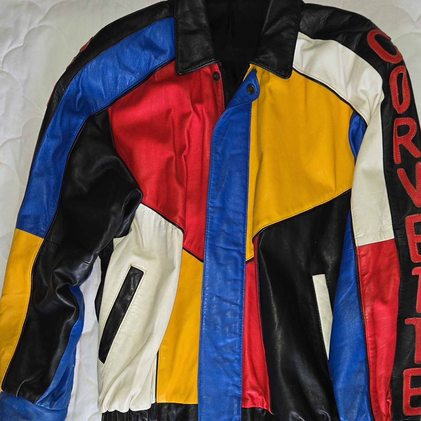 Corvette Multicolor Geometric Leather Bomber Jack… - image 2