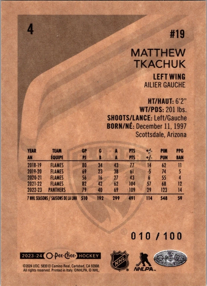 2023-24 O-Pee-Chee Black Border #4 Matthew Tkachuk Florida Panthers 10/100 NM - Image 3 of 3