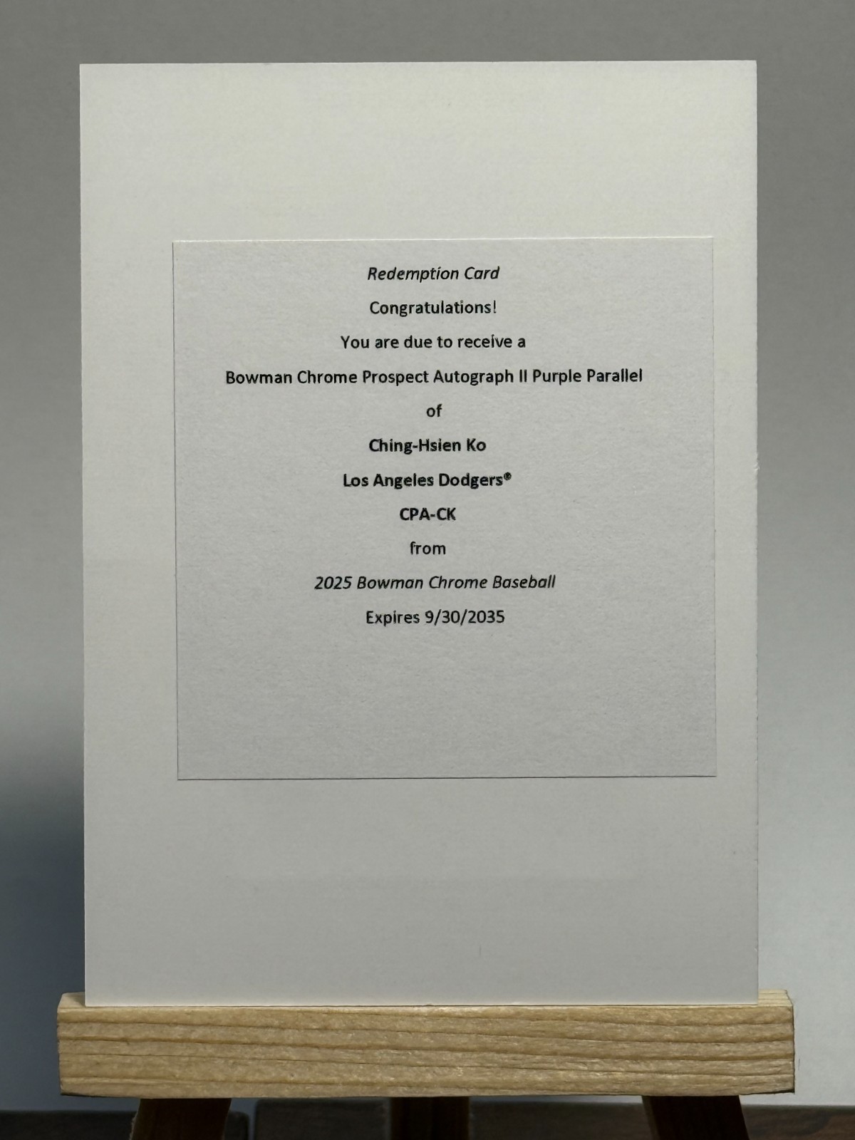 2025 Bowman Chrome 1st Ching-Hsien Ko Purple Parallel Auto Redeem /250 Dodgers