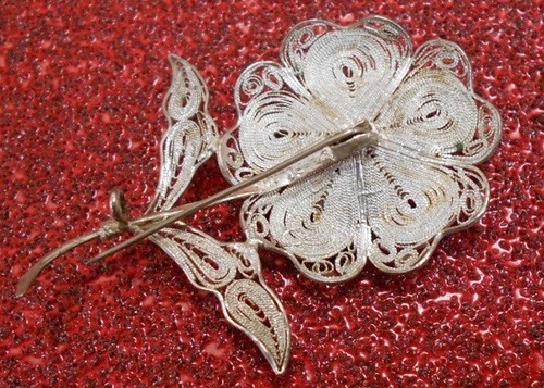 Vintage filigrane Blumen Anstecknadel; 900 Silber Schmuck Handarbeit Indonesien 50er Jahre, schön - Bild 5 von 7
