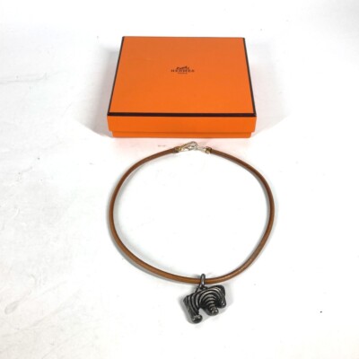 HERMES animal Zebra Choker Accessories Necklace Leather Silver
