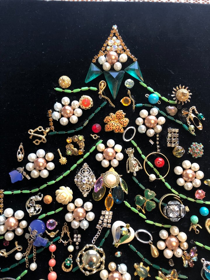 Vintage Costume Jewelry Jeweled Christmas Tree Wall Hanging Art 16.5