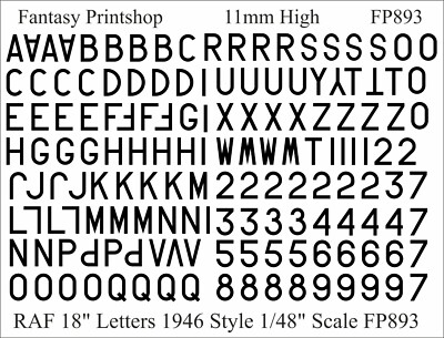 RAF Zahlen und Buchstaben 18'' Wasserschiebe Transfers Decals 1/48 1946 - FP893 SCHWARZ