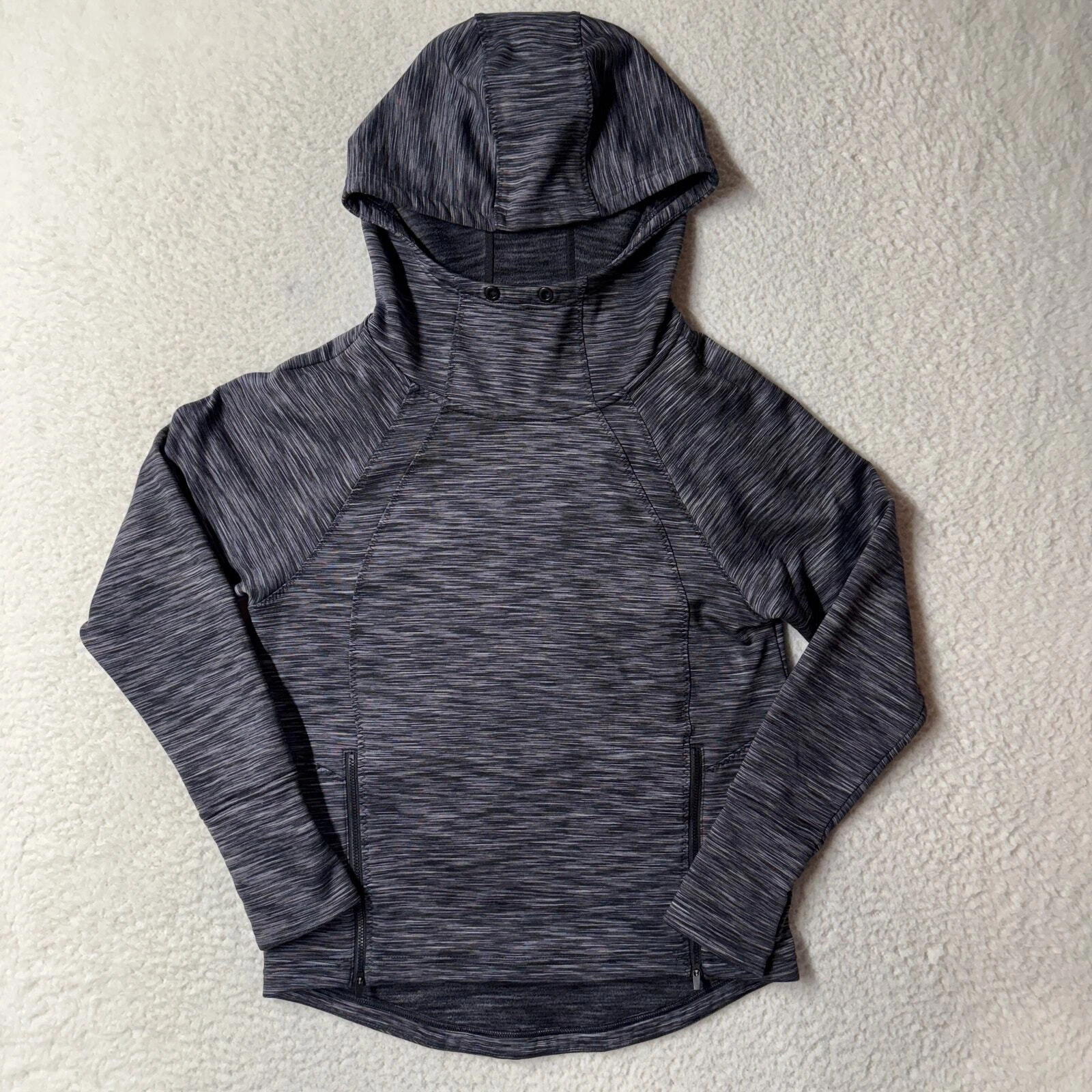 Athleta Womens Size XS Black Gray Spacedye Hoodie Fleece Pullover Pocket Running