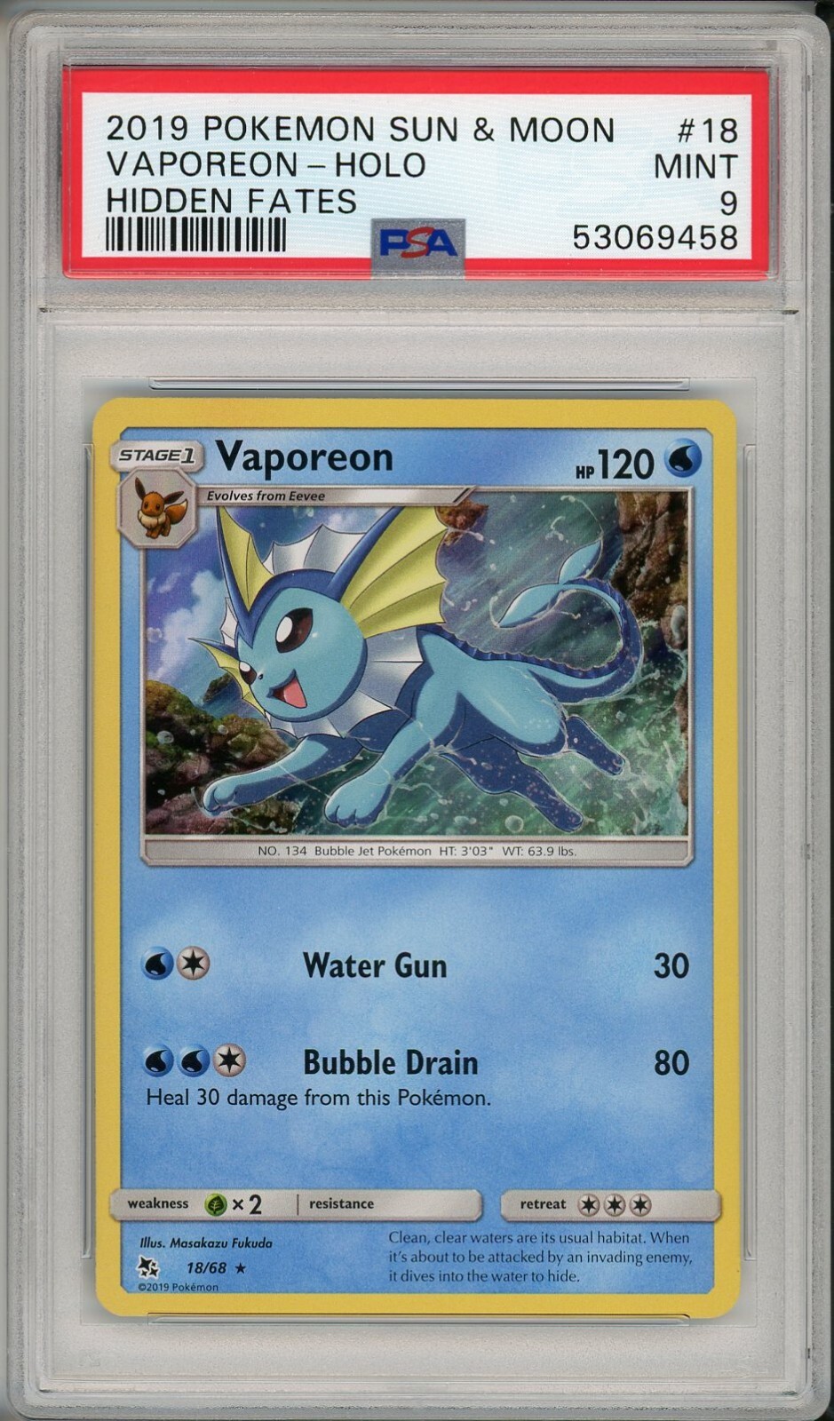 2019 Pokemon Sun & Moon Hidden Fates Vaporeon Holo #18 PSA 9