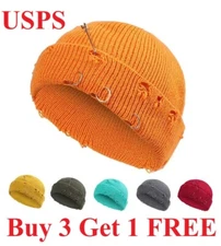 Knitted Short Beanies Winter Cap Hoops Pin warm Hip-hop Hats Skullcap distressed