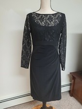 Chaps black dress long sleeve with lace, ruching size 6