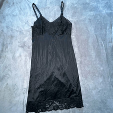 Lorraine Womens Full Slip Dress Sz 36 Black Floral Lace Silky Adjustable Strap