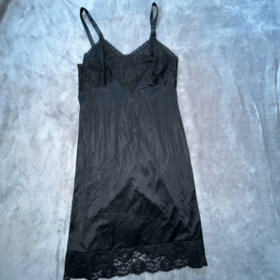 Lorraine Womens Full Slip Dress Sz 36 Black Floral Lace Silky Adjustable Strap