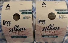 2 Pair L’eggs Silken Mist Sheer Tights Silky Sheer Leg Control Top Wicking Nude