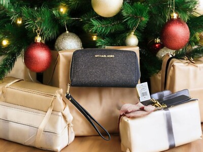 New Michael Kors Large Flat Multifunction Phone Case Wristlet Blk Glitter  Wallet