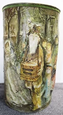 Vintage Victorian Trash Can JL Clark Paper Mache Metal 3D City Scene 14.5” Tall