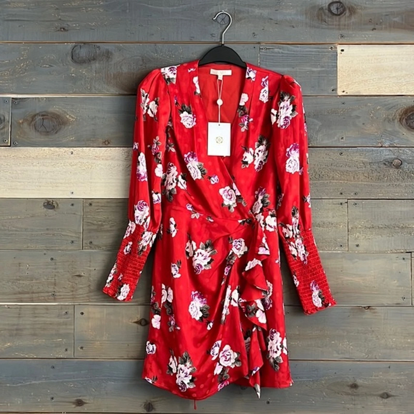 VETEMENTS WAYF Mini Abito Rosso Rose Ruffle Avvolgente Maniche Lunghe a Sbuffo XS