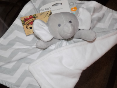 CARTERS SECURITY BLANKET ELEPHANT GRAY HEAD ARMS ZIGZAG CHEVRON STRIPES WHITE 