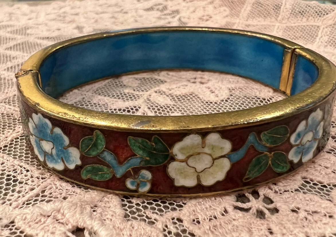 vtg antique cloisonne bracelet flowers asian wide vtg aqua inside