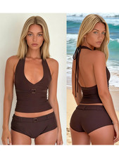 2Pcs Bathing Suit Bikini Sexy Tankini Swimsuit Set Solid Halter Tops