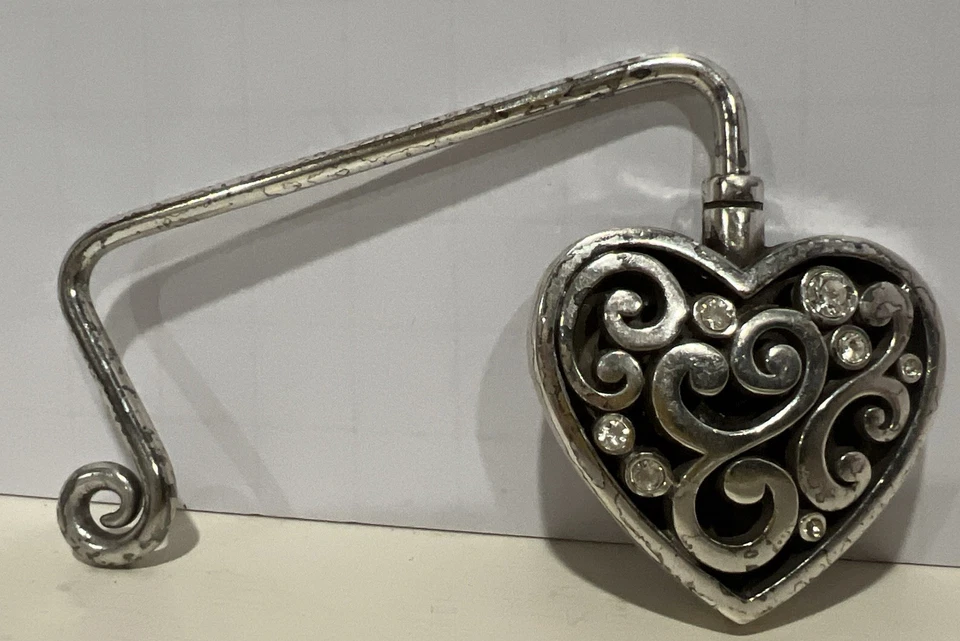 Brighton Contempo Heart Handbag Hook Silver Plated Purse Hanger Swirl Crystals - Image 2 of 4