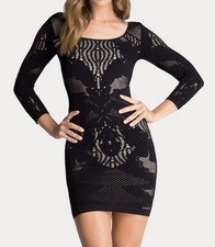 bebe Petite Small Mesh Bodycon Dress Black 3/4 Sleeve Stretch Lined