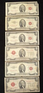 Lot of 6 $2 United States Note Banknotes Small Size Red Seal