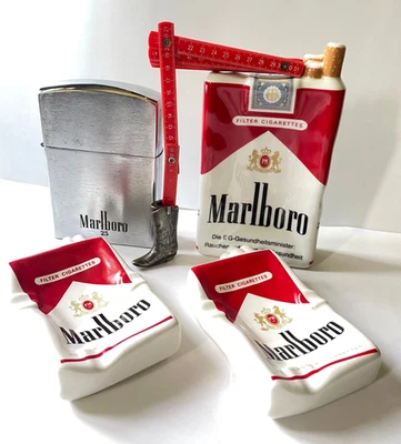 Vintage 3 Porzellan Aschenbecher wie Zigarette Marlboro 23 Jumbo Benzinfeuerzeug - Bild 1 von 4