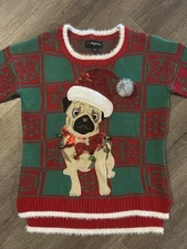 33 Degrees Ugly PUG Christmas Sweater Small Red Green Sequin Accent Jingle Bell