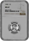 1943 1c Lincoln Steel Wheat Cent NGC Graded MS 67 New Holder