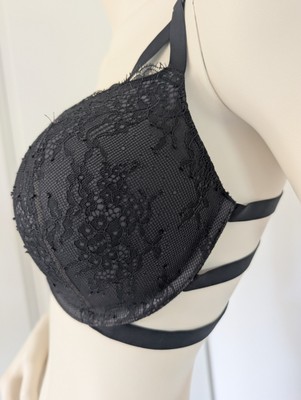 Victoria's Secret Push Up Black Lace Strappy Bra Women's 36C Front Closure